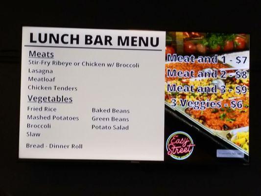 Lunch bar choices (changes daily) and prices