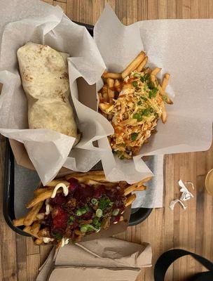 Duck Duck Goose Fries, Crab Rangoon Fries, Poutine Burrito