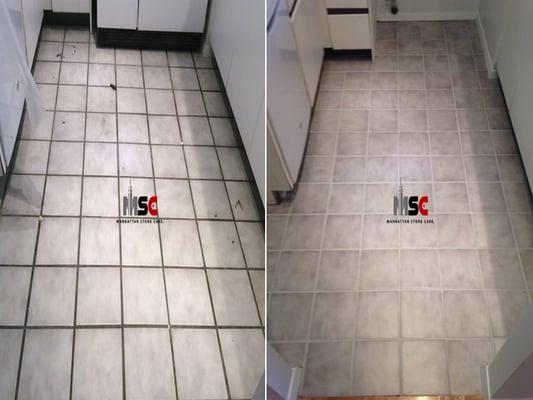 Before and after of Ceramic tile and grout cleaning. Plus grout complexion.