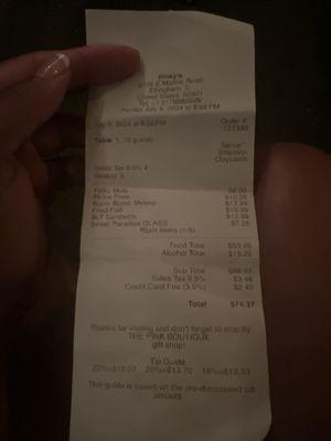 Receipt to show that this place is overpriced and just how much