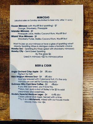 menu for mimosas and beer.