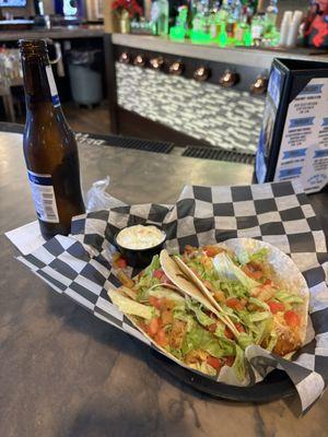 Fish Tacos with a cold bottle of beer