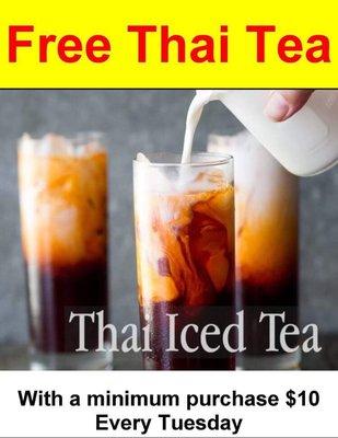 Free iced coffee or Thai tea every Tuesday