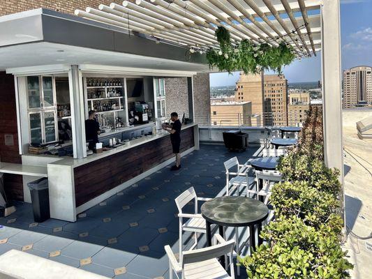 Rooftop bar, before opening. Only 2 bartenders, so it gets crowded quickly.