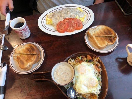 Omelette with gravy, breakfast skillet