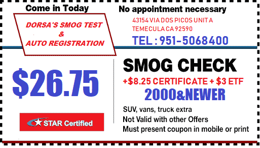 $26.75+cert+etf star smog check on 2000 or newer sedan cars suv truck van $5extra