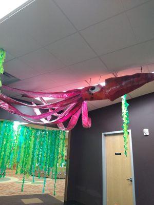 Giant squid decor for their ocean themed summer reading program