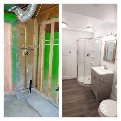 Before and after added basement shower