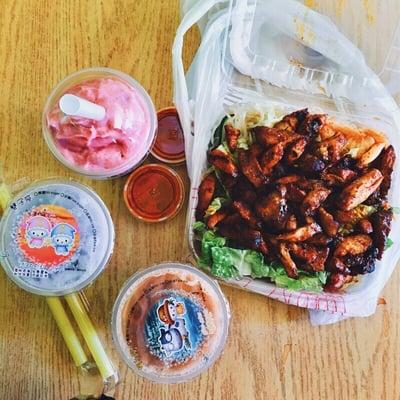 Spicy BBQ chicken from Steve's and bubble teas from next door.