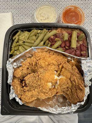 Catfish Filet Combo with red beans & rice and green beans.