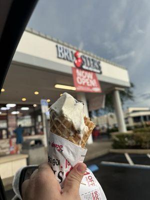 Coconut chip ice cream, waffle cone