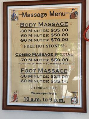 Massage menu / price list