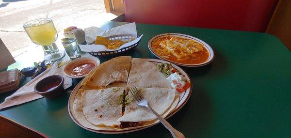 Carne asada quesadilla, cheese enchiladas, chips and spicy and mild salsa