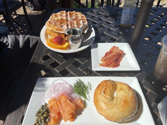 Salmon bagel & waffles