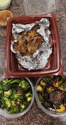 Pulled pork takeout with Brussel sprouts and broccoli