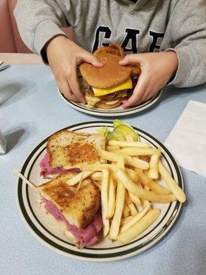 Cheese Burger and Reuben Sandwich