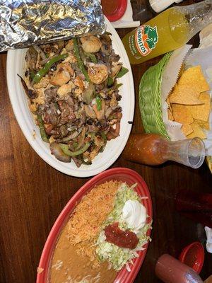 The fajitas is a large portion cones either a full side of rice and beans and your choice of tortillas.