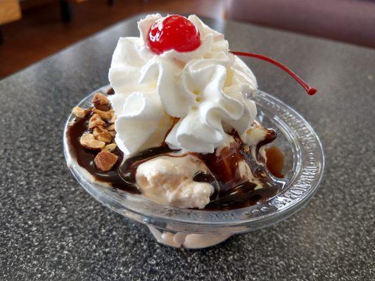 Cherry pecan ice cream with hot fudge sauce.  Really good and under $2!