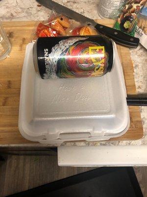 Beer can teriyaki container comparison. I'm not crazy. It's a tiny box.