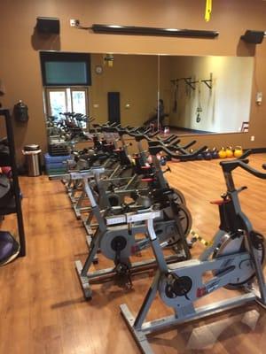 The spinning area in the aerobics room.