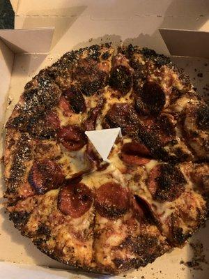 Burnt pizza blamed on me because I asked for extra flavored crust I didn't know that meant burnt my pizza and make it ined