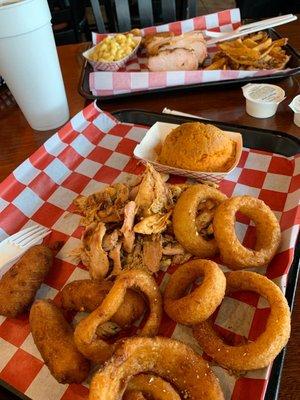 Pulled Chicken BBQ Plate with mashed sweet potatoes and onion rings