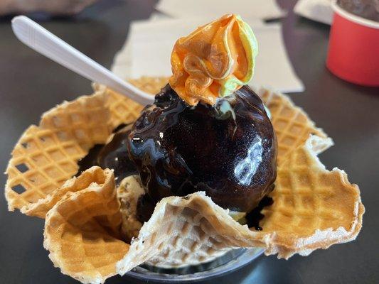 Waffle cone with mint chocolate and banana, peanut butter and chocolate