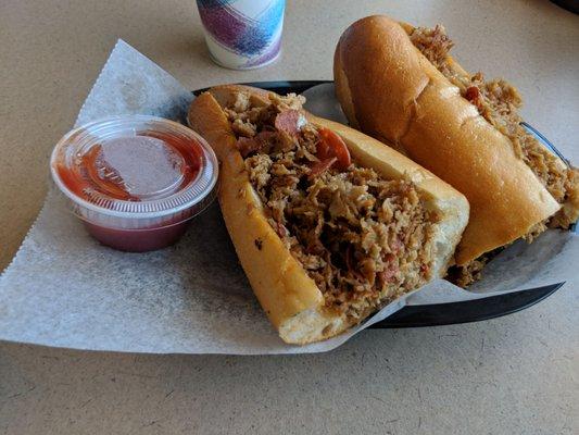 Chicken cheese steak with pepperoni and provolone cheese.