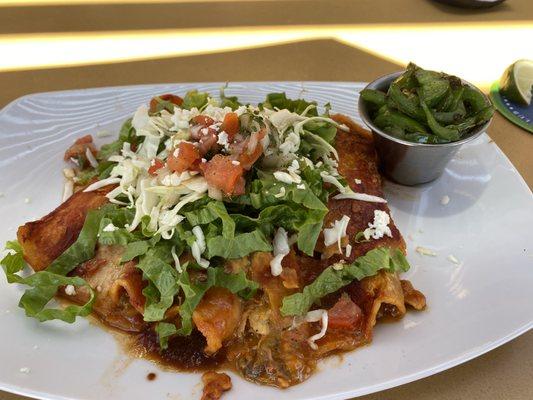 Chicken & Hatch Chile Enchiladas. And a side of grilled Jalapeños, yum!