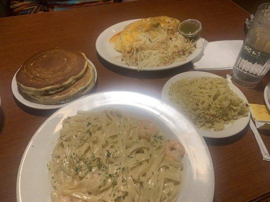 Pancakes,Guadalajara Omelette,Side of Rice,and Fettuccine Shrimp Alfredo