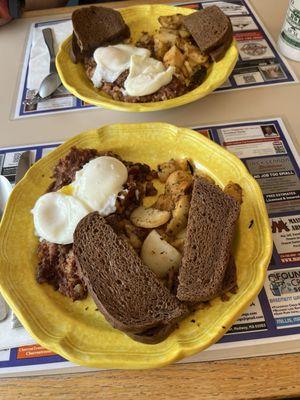 Poached eggs and corned beef hash.