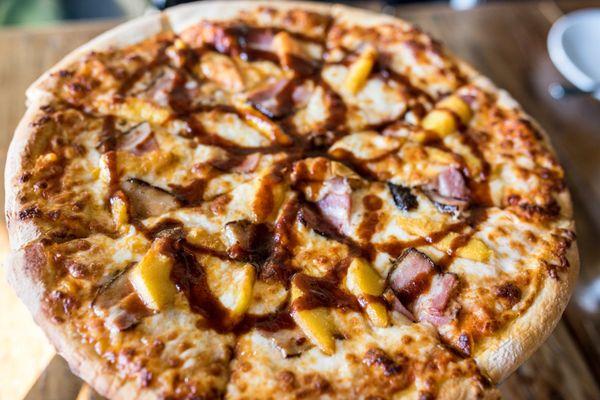 Peach House Cured Pork Belly Pizza w/ black cherry cola BBQ drizzle