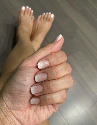 French tip Ombré. All white toe polish.