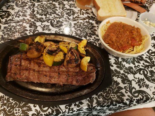 New York strip with grilled veg and side of spag. Yum