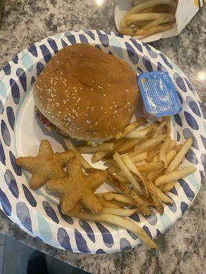 Cheeseburger with chicken stars and fries with ranch