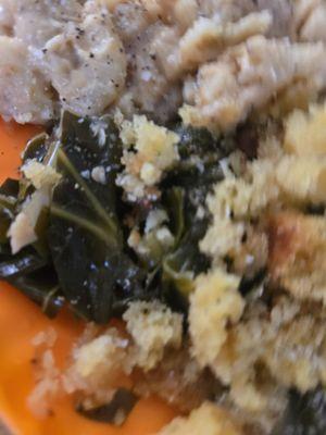 Greens with crumbled cornbread.