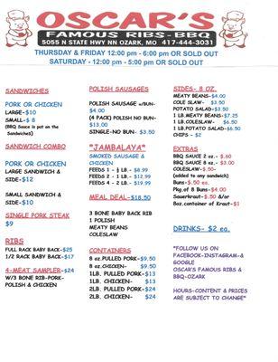 Oscar's Famous Ribs& BBQ Ozark Menu Update as of 8-21-23