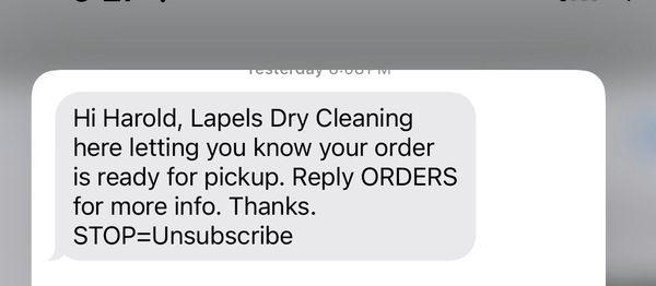 Text alerting me that dry cleaning was ready