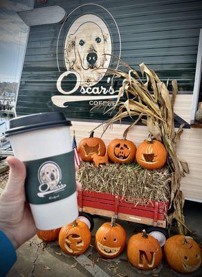 Festive Halloween decorations at this vintage-inspired coffee stand. Try one of their fall specials!