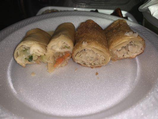 Inside the spring roll (L) and egg roll (R). Both aren't very good. Mushy cabbage/pork filling in the egg roll. Probably previously frozen.