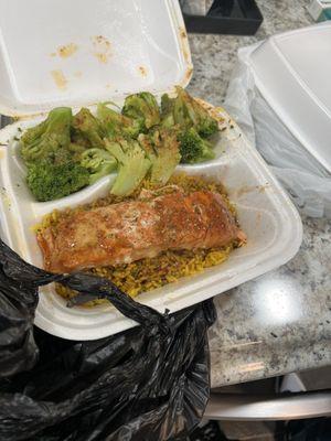 Honey teriyaki salmon over rice with broccoli