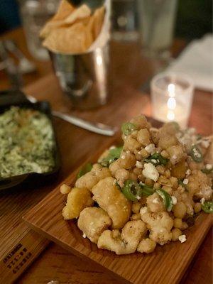 CBD Provisions - Crispy Cauliflower & Spinach Artichoke Dip. Both were delicious! The tortilla chips were so good with seasoning.