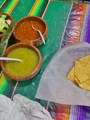 nachos with salsa verde and salsa roja