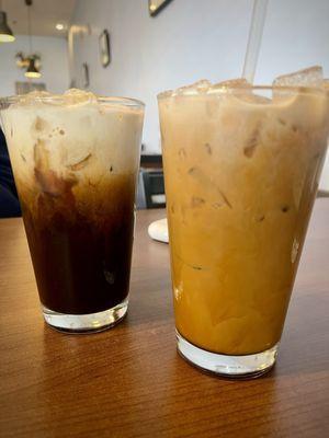 Ice coffee. One with cream mixed the other before mixed