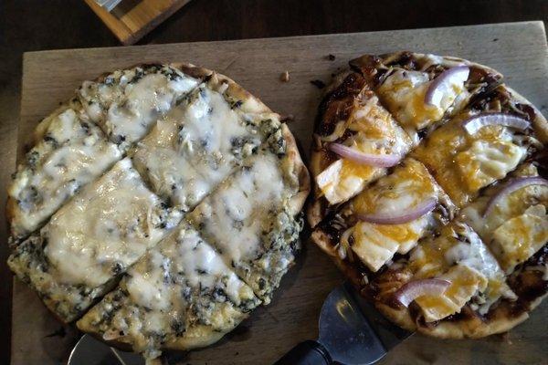 (L): Spinach/Artichoke pizza
 (R): BBQ Chicken Pizza