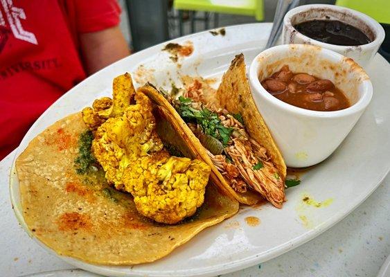 Cauliflower taco (left), Pollo Taco, Frijoles Charros and Frijoles Negros. Just ok.