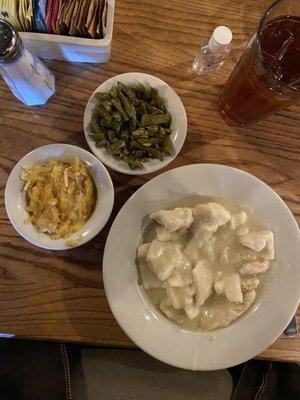 Chicken n' dumplings, green beans and hash brown casserole