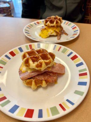 Breakfast Sandwich on Waffle with Ham, Cheese, and no Egg