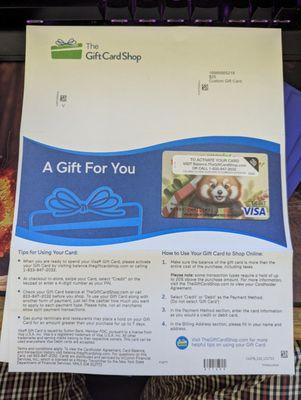 Custom gift card layout and design, with company-included paperwork