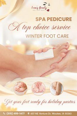 Winter got your feet feeling rough and dry? 
 No worries! Our SPA PEDICURE is the ultimate winter rescue!